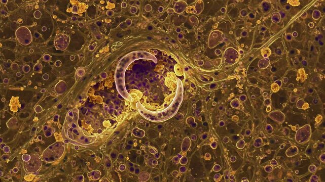 Toxoplasma gondii parasites invading brain tissue, with crescent-shaped bodies under high-resolution microscope