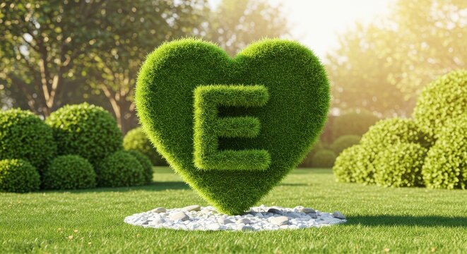 Green heart shaped topiary with letter e isolated on white background