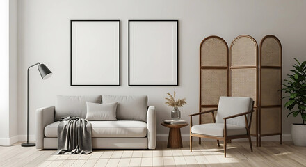 A stylish living room with a sofa, armchair, and two blank frames on the wall for display