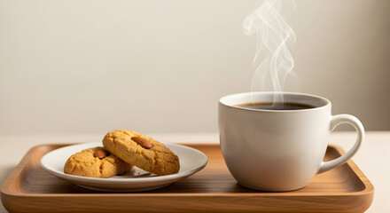 A cozy scene of steaming coffee paired with homemade cookies on a wooden tray, perfect for relaxing mornings and comfort moments.