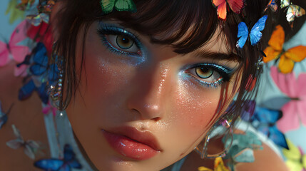 A portrait with Y2K-style makeup and hair.	A close-up beauty portrait of a person with Y2K-style makeup: frosty eyeshadow, glossy lips, and hair styled with butterfly clips or spiky buns.
