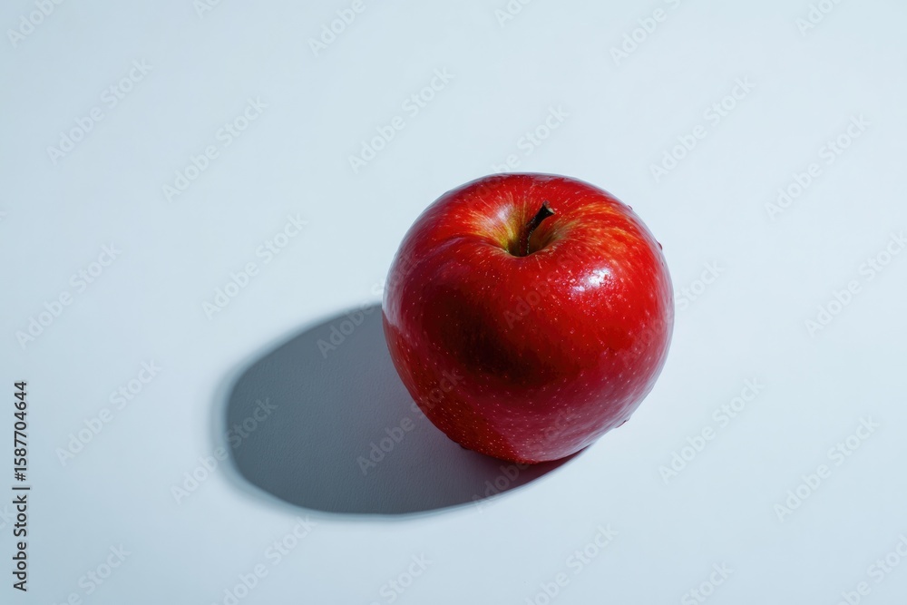 Poster shiny red apple casting soft shadow on minimalistic pale backgro