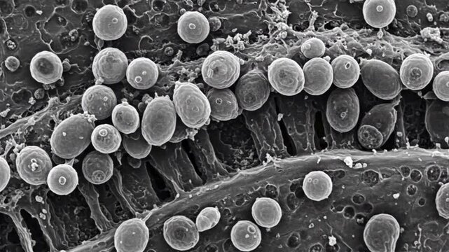 Electron microscope view of Cryptosporidium oocysts clinging to intestinal walls in early infection stage