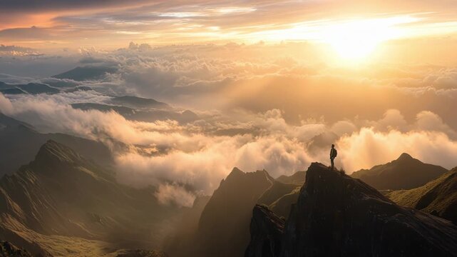 A lone figure stands atop a majestic peak, surrounded by rolling clouds and mountains as the sun rises, casting a warm glow across the landscape. The beauty of nature is truly mesmerizing.