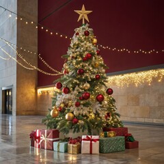 Festively decorated christmas tree adorned with red and gold ornaments and twinkling lights surrounded by wrapped presents