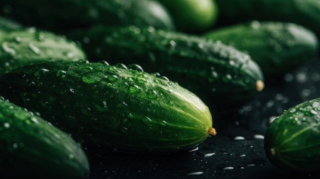 Fresh cucumbers with water droplets on a dark surface, showcasing their vibrant green color and natural texture.
