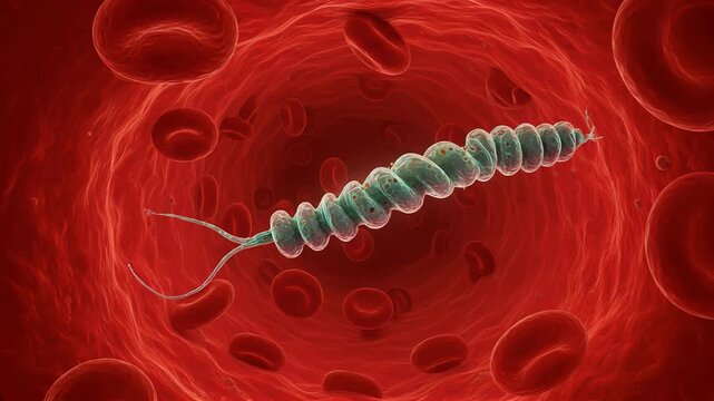 Trypanosoma brucei (sleeping sickness parasite) with corkscrew shape swimming through bloodstream