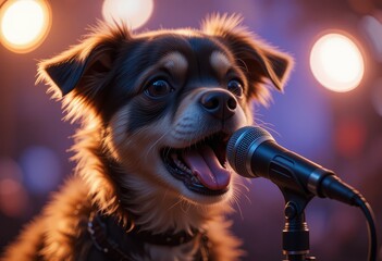 Adorable Dog Performing on Stage with Microphone and Spotlight, Dog performing with microphone on stage