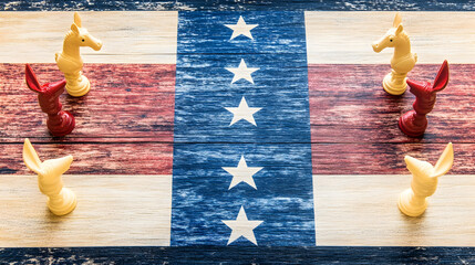 Blue donkey and red elephant cute toy mascots on US flag background, democrat and republican american political parties, 2024 US presidential election