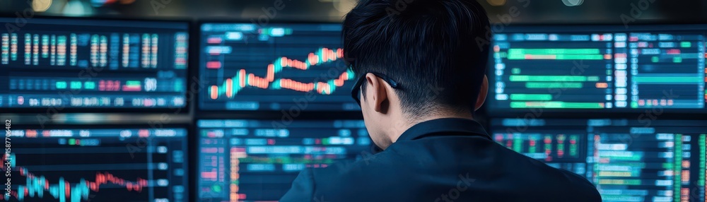 Poster a focused asian trader analyzes multiple computer screens displaying stock market data and financial
