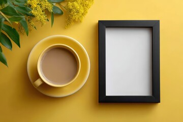 Yellow cup of coffee next to a black frame with flowers on a yellow background