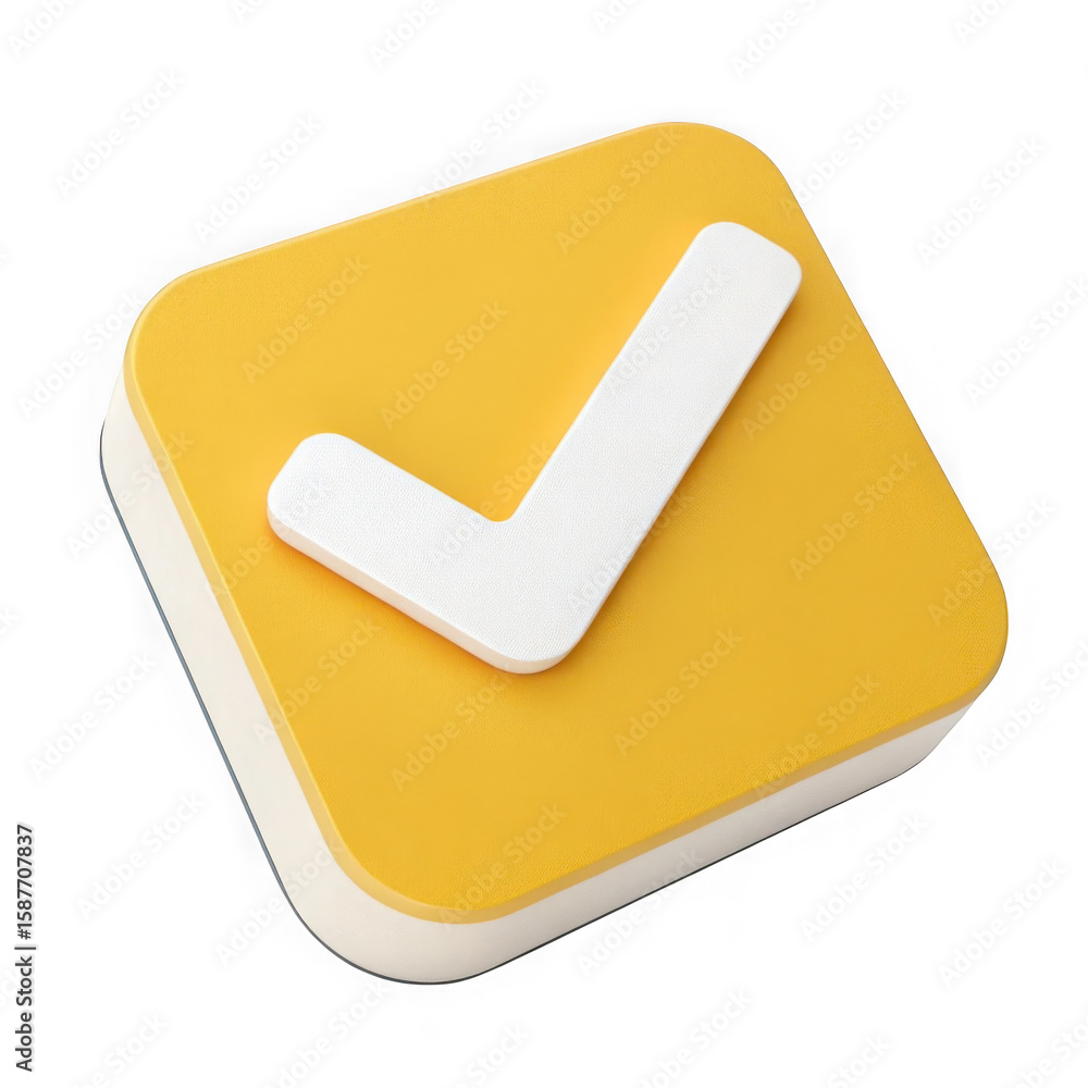 Fototapete a 3d rendered yellow square with rounded corners and a white checkmark symbol on top isolated on tra