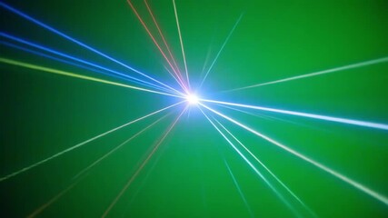 Mesmerizing laser light display with vibrant red and blue beams against a green background - Powered by Adobe