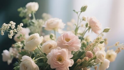 Obraz premium A bouquet with soft - toned colors, featuring light pink roses, paired with fresh complementary flowers and green leaves, placed in an exquisite vase, conveying a romantic, gentle, and healing atmosph