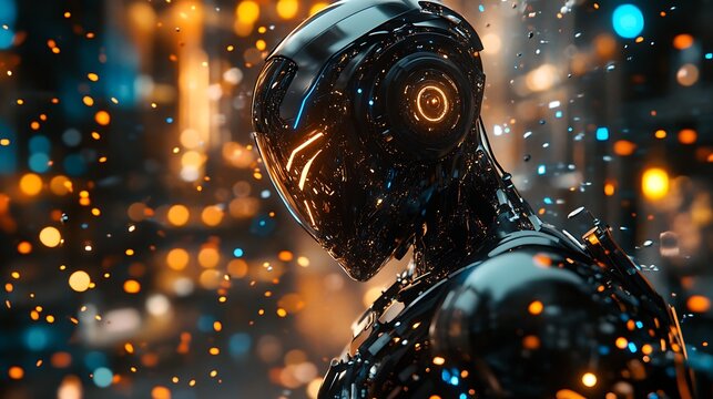 Futuristic robot cyborg with glowing lights stands amidst a blurred urban cityscape showcasing advanced technology.