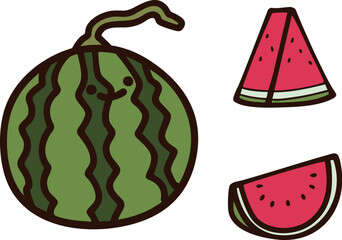 可愛いスイカのキャラクターとカットされたスイカのイラスト