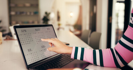 Hands, laptop and point at calendar for remote work from home, schedule and time management for...