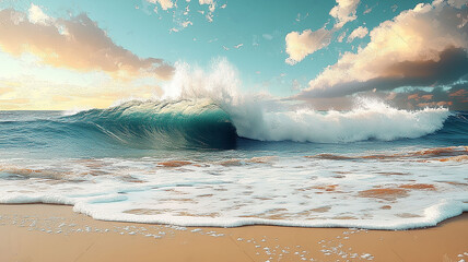 A powerful ocean wave crashing on a sandy beach.
Beautiful turquoise wave breaking under a cloudy sky.