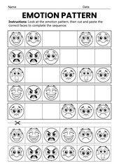 Emotion Pattern Cut and Paste Worksheets for Kindergarten to Grade 3, Feelings Recognition, SEL Activity, Social Emotional Learning, Back to school