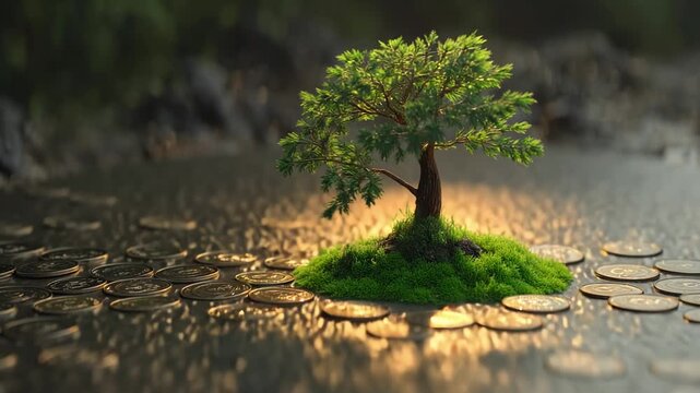 Delicate green sprouts emerge from a bed of glimmering coins, illustrating the unique relationship between wealth and nature. A small tree stands resilient amidst this treasure.
