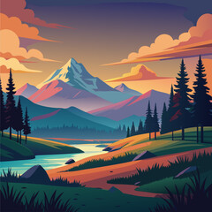 Colorful mountain landscape at sunset with a winding river. showcasing a serene and picturesque scene. A flat design style evokes a sense of calm and tranquility.