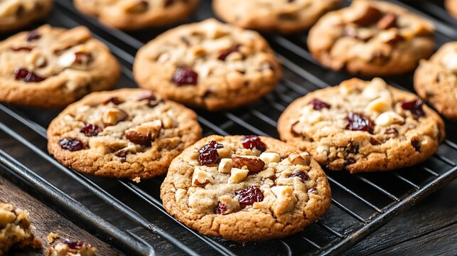 Freshly baked cranberry nut cookies cooling on a wire rack offer a delicious and tempting treat with warm colors.