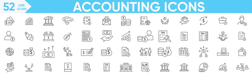 Accounting icon set.Accountant, financial audit, invoice, savings, investment, accountant, tax calculator, business firm, tax return, income and more.Vector and illustrator set.