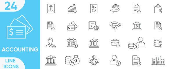 Accounting icon set.Accountant, financial audit, invoice, savings, investment, accountant, tax calculator, business firm, tax return, income and more.Vector and illustrator set.