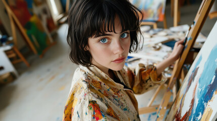 Portrait of a young woman with an angular face, clear blue eyes, and short black hair, dressed in an artist's smock, working on a painting in a studio. 