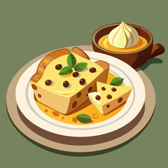 A delicious slice of bread pudding with caramel sauce. garnished with fresh mint leaves and glistening with dark chocolate chips. presented on a white plate in a flat lay style.