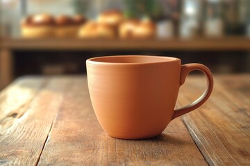 Terracotta coffee mug on a wooden table.