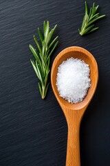 Herbs and Salt Spoon on Black Surface