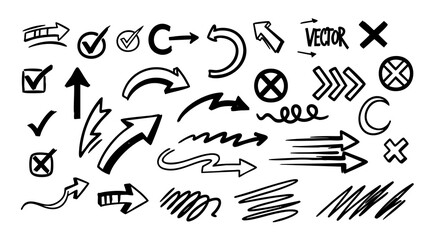 Hand-Drawn Arrow Collection Unique Doodle Arrows and Check Marks for Design Projects, Vector Elements 