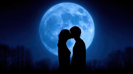 True escape under moonlight with vow concept. A romantic silhouette of a couple against a full moon backdrop.