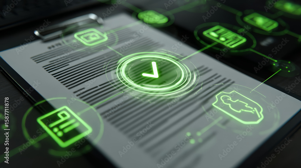 Poster digital contract with glowing green checkmark and icons, symbolizing secure approval and technology 