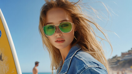Portrait of a young woman with bright green eyes, wearing a denim jacket and sunglasses, standing at the beach with a surfboard by her side. 