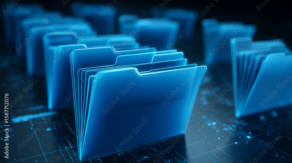 Poster digital blue folder icons arranged in rows on dark futuristic interface, symbolizing data storage an