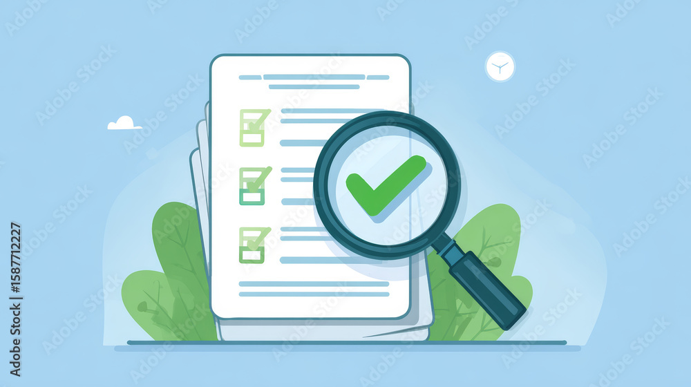 Poster checklist with green check marks and magnifying glass, concept of task completion and verification w