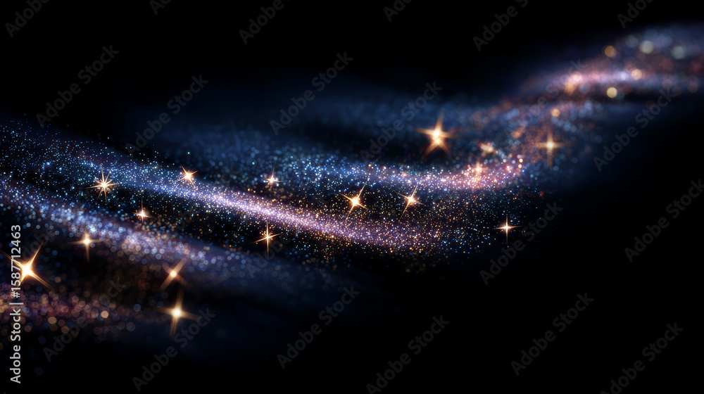 Poster glittering sparkling particles flow in dark space with glowing golden stars creating magical and enc
