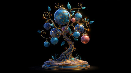 Magical tree with glowing blue and orange orbs hanging from golden swirling branches on dark background, creating mystical atmosphere