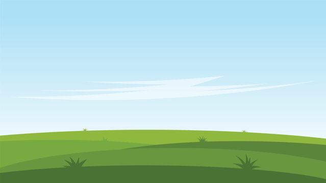 green nature filed with blue sky. landscape cartoon scene background