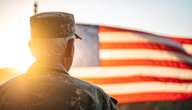 Patriotic Moment with Veteran and Flag at Dusk