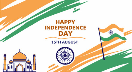 India Independence Day Celebration: Festive design celebrating India Independence Day on 15th August. Showcasing Taj Mahal, Ashoka Chakra, tricolor flag with brush stroke on white background.