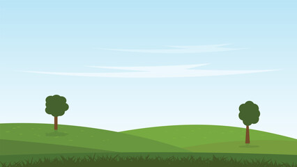 nature landscape cartoon scene. green field with trees and blue sky background