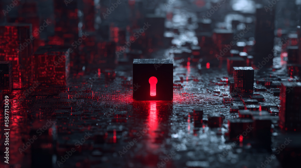 Poster digital lock concept with glowing red keyhole on dark circuit board surface, symbolizing cybersecuri