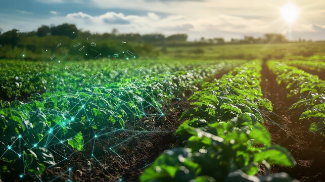 Rows of green crops in a field with a digital network overlay and a bright sun in the background