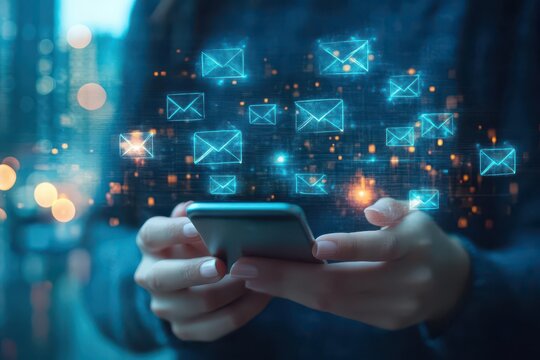 Person uses a smartphone to access glowing digital mail envelopes overlaid over a blurred city landscape symbolizing modern electronic communication network.