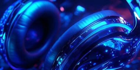 Futuristic headphones mockup with blue LED lights in dark setting

