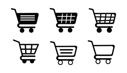 Collection of Shopping Cart Icons in Black and White Representing Retail E commerce and Online Purchasing with Various Cart Designs