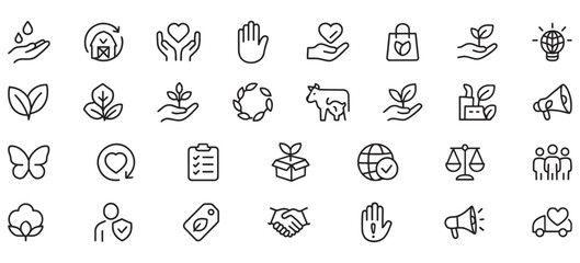 Ethical Production Line Icons Pack – Icons Representing Fair Trade, Sustainable Practices, Eco-Friendly Manufacturing, and Ethical Labor